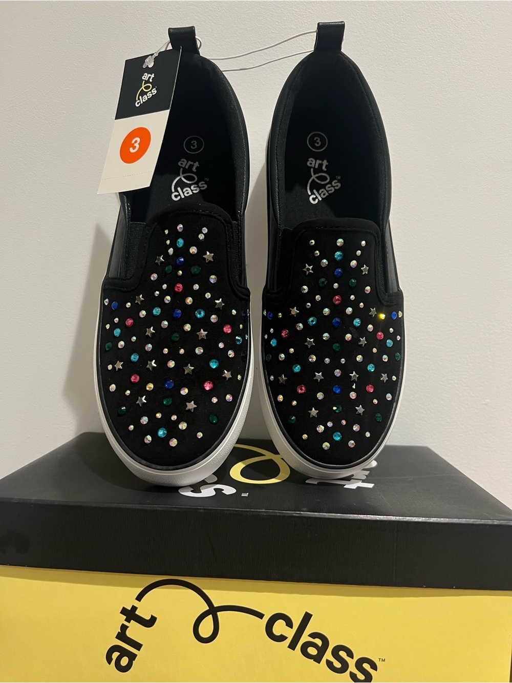 art class Black Slip-On Kids Sneakers with Multicolor Gem Accents